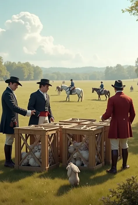 2. The grand rabbit hunt setup:

Image suggestion: A vast open field with cages filled with rabbits. Men in period clothing prepare to release the rabbits for the hunt. The atmosphere is calm, with horses and hunting gear in the background.
