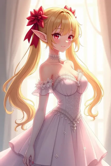 Anime Twintail blonde Short Female calm full body image Teenager with red eye and red ribbon with big breast with wedding dress elf