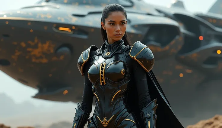 a girl in black futuristic armor with gold accents ,  stands against the background of a beautiful titanium spaceship with intricate details