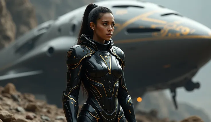 a girl in black futuristic armor with gold accents ,  stands against the background of a beautiful titanium spaceship with intricate details