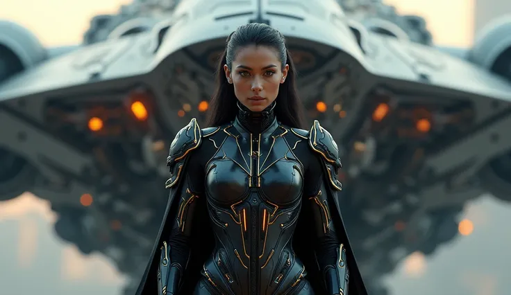 a girl in black futuristic armor with gold accents ,  stands against the background of a beautiful titanium spaceship with intricate details