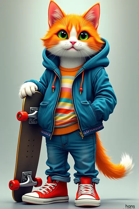 A stylishly dressed cat with a vibrant fluorescent orange and white fur coat. The cat has striking green eyes and is adorned in a blue hooded jacket, a multicolored shirt underneath, and blue jeans. The cat also sports a pair of red sneakers with white lac...