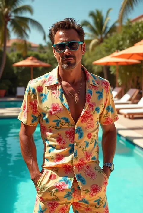  Robert Downey Junior wearing a flowery jersey , with Hawaiian shorts showing off his Calvin Klein underwear,against a background of a club with outdoor pools 