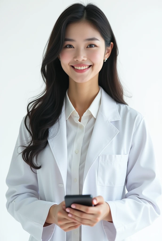 beautiful Korean, long hair, doctor, closeup, smiling, with lab coat, Ultra realistic, white background, holding a phone