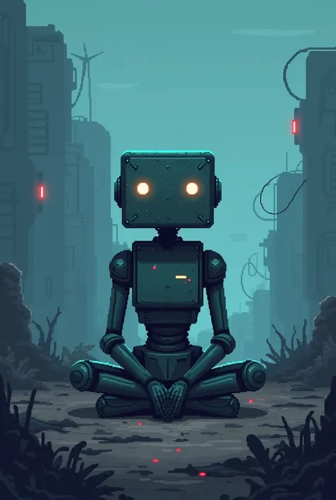 Use pixel graphics to make a square robot sitting on a cyberpunk apocalypse blue background
