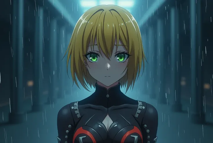 Masterpiece, 1 anime girl, idol costume, short yellow hair, serious face, emotionless, green eyes, dynamic pose, dynamic angle, cinematic camera, high quality, dark-blue background, raining