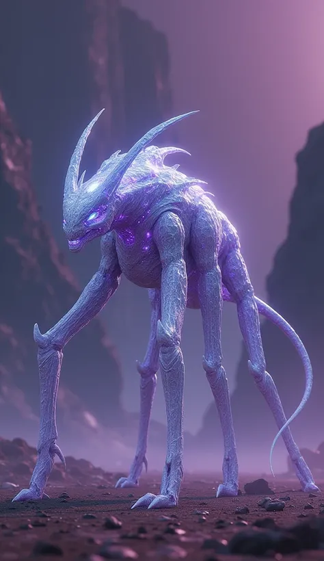 A quadrupedal alien animal with a crystalline exoskeleton, long antennae, and a luminous core, walking across a barren alien landscape under a purple sky