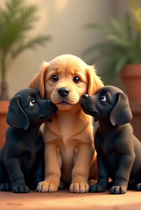 A lot of black puppies and just one golden retriever puppy 