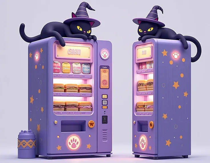 Vending machines in modern times, similar to flying turtle boxes, sandwiches are arranged on the inside of the cabinets to show off their skins. The sandwiches on display come in a variety of magical themes, stars, moon, with black, purple and gold cat log...