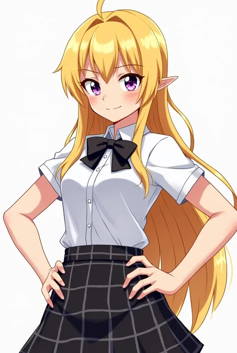 Anime, female, grit smirk face, buly girl, long golden blonde hair that cascades down her back, striking violet, She typically wears a neat school uniform consisting of a white blouse with a black bowtie, paired with a plaid black skirt