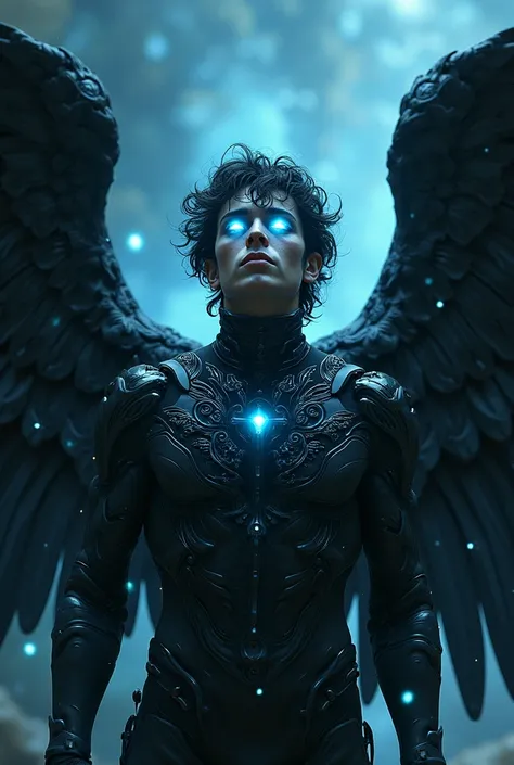 A male fallen angel with large black wings covered in intricate biomechanical patterns, surrounded by cosmic light particles. His bright clear eyes shine with a strange and unsettling light, giving off a nightmarish and eerie vibe. The scene is filled with...