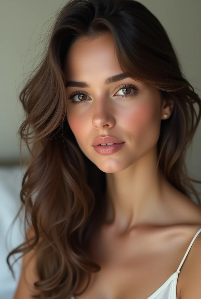 Realistic beautiful brunette woman without natural makeup Cocasian