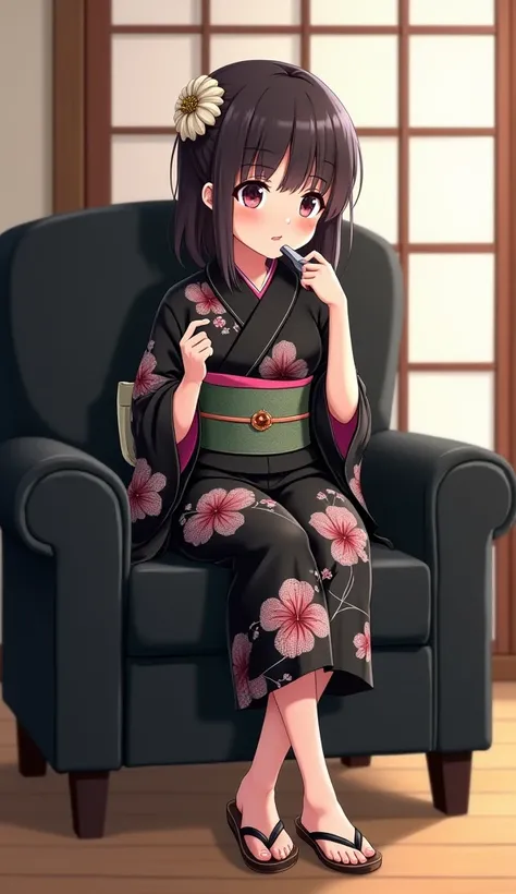 Anime adolescent woman wearing black yukata with flowers, getas shoes and with a television remote control and control against the face and It is upholstered in a material similar to leather or synthetic leather in black. It has a high backrest slightly cu...