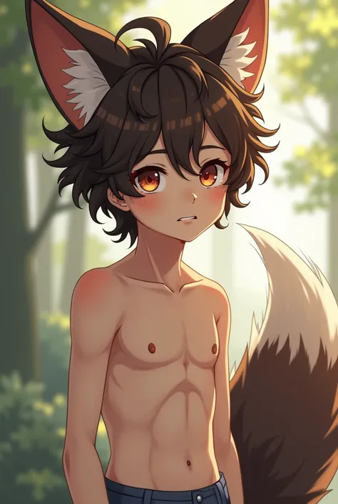 A kitsune boy, in semi-realistic anime, He has curly hair that reaches the human ear ( but he doesn&#39;t have a human ear, use so to measure ) the hair is dark brown and the tail is too, he walks around shirtless and is of Korean ethnicity