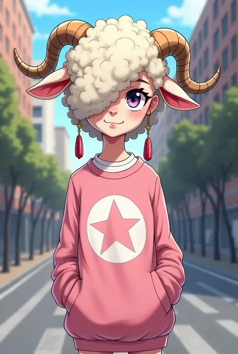 An anime-style drawing of a slender sheep with two horns , large earrings in the ears and that their wool has to be very curly and to cover your right eye, That he has a white shirt and a pink sweatshirt with a star in the center and that he is on the stre...