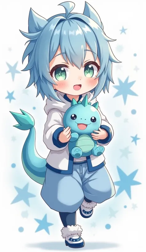  anime character with a stuffed animal in her hand, Tsuaii, 2d anime style, shirabii, rem rezero, official art, water type,  art style anime moe ,  a cute little blue dragon , arte de personagem de Maple Story, pixiv, Nendoroid watercolor,  Anime Boy, a  A...