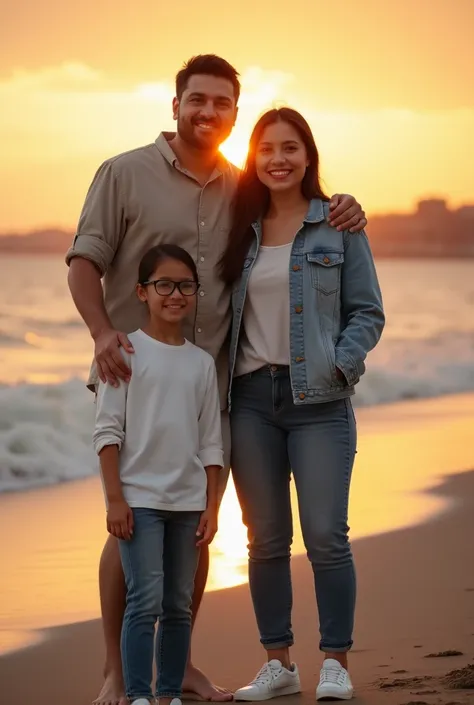  Professional photography featuring father  , 30 year old mom with matching asian face indonesian ,  and  daughter with asian face ,  posing a focused view in front of the camera with a charming smile in harmony, wearing casual clothes ,  long jeans,  and ...