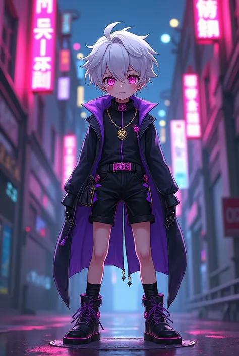 Anime and cyberpunk style with religious symbols. The God of paradox in the form of an evil  boy, with white hair, pink eyes, who wears black clothes with purple and pink decorations, who wears shorts and booties.