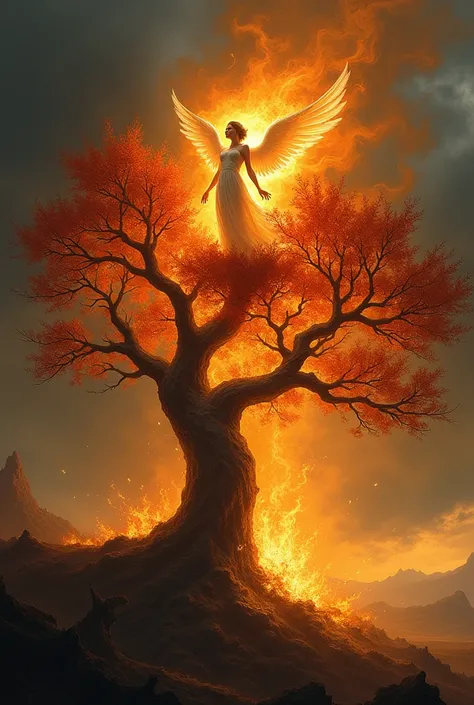 A tree on fire, an angel on top of the tree and a glow around it.