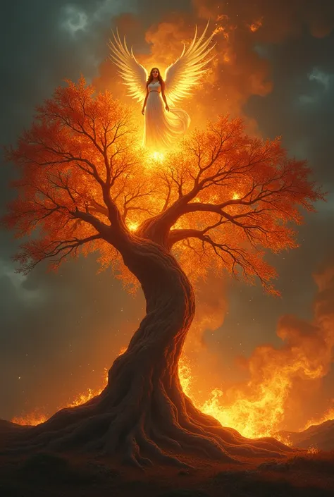 A tree on fire, an angel on top of the tree and a glow around it.