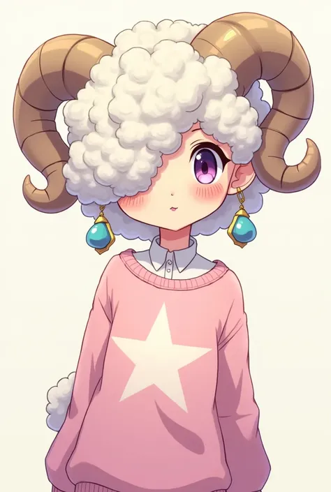 An anime-style drawing of a slender sheep with two horns , large earrings in the ears and that their wool has to be very curly and to cover your right eye,  wearing a white shirt and a pink sweatshirt with a star in the center 