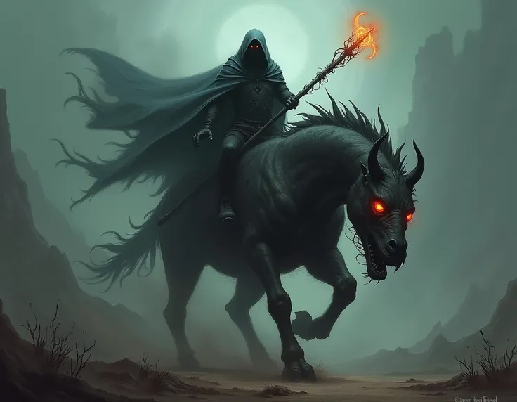  a dark figure mounted on a huge creature ,  with flaming eyes and a twisted staff in its hands