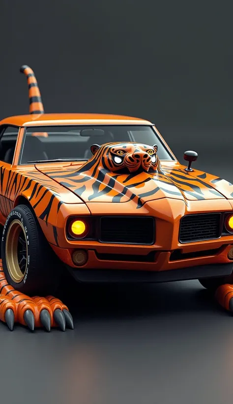 "Design a muscle car where the tiger’s powerful presence takes center stage. The hood features a 3D tiger head with glowing eyes as headlights. The body is striped in bold orange and black patterns, mirroring the tiger’s fur, while the sides have claw-like...