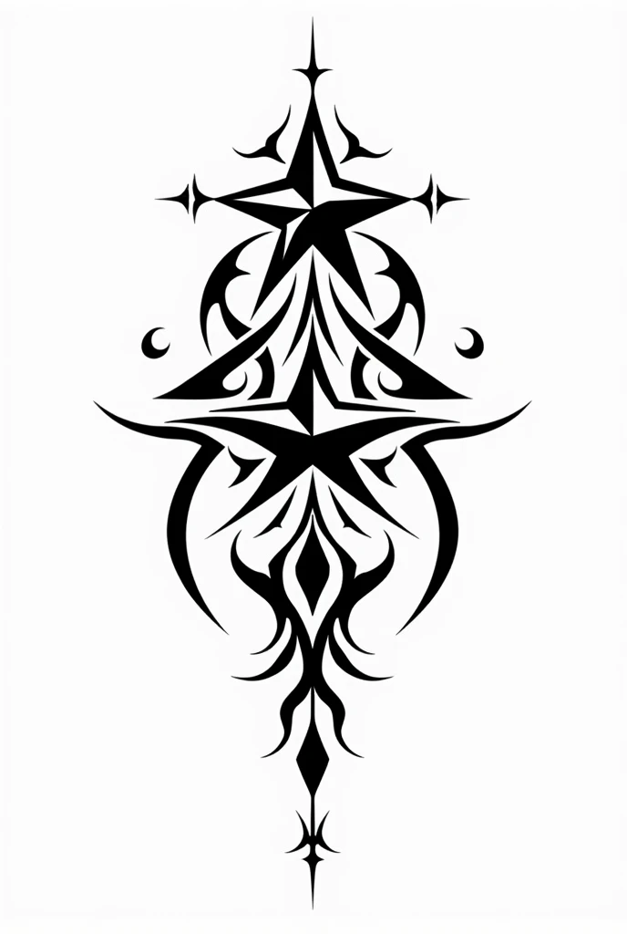  A tribal tattoo design with a white background and intense black lines ,  composed of three stars different sizes that act as the central element .  The stars are surrounded by complex tribal patterns , that combine fluid curves ,  sharp peaks and geometr...