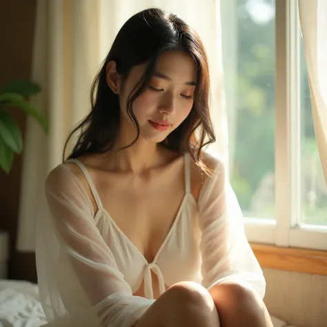 A girl, about 25 years old, Japanese, sitting near the window, looking down, reflective but happy. She is wearing a white, transparent voile blouse. Natural lighting.