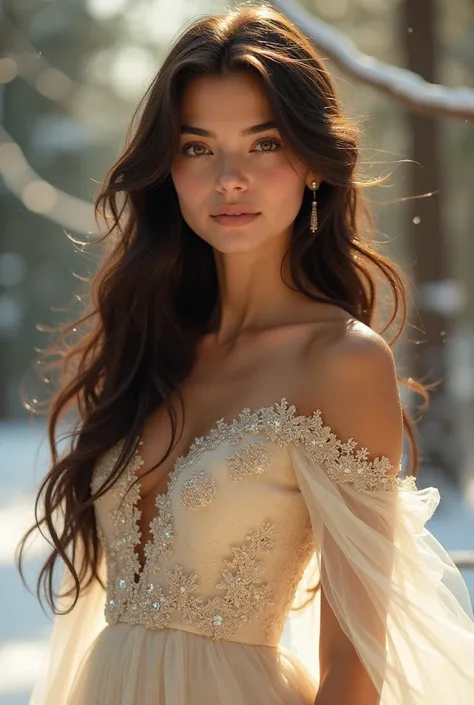 brunette girl in a shiny cream-colored Christmas dress on a beautiful background