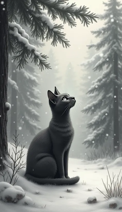  A small graphite cat in the forest, snow falls on her from a pine branch 