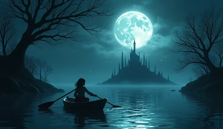 a curious girl paddling to an island that appeared under the light of the full moon, best realistic lighting ,  Realistic illustration.  The trees held up like bony fingers