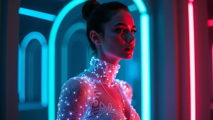 ((Waist shot)), craft a hyper realistic vertical photo of most attractive transparent tron jumpsuit crystal glass girl with neon light (Penélope Cruz),(Emma Watson), shining eyes, neon rainbow armor, intricate rainbow armor, delicate rainbow filigree, intr...