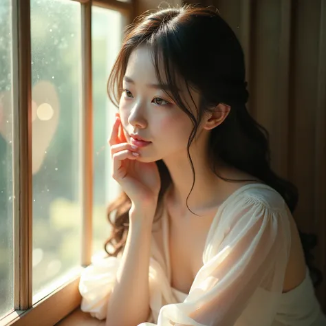 A girl, about 25 years old, Japanese, sitting near the window, looking down, reflective but happy. She is wearing a white, transparent voile blouse. Natural lighting.