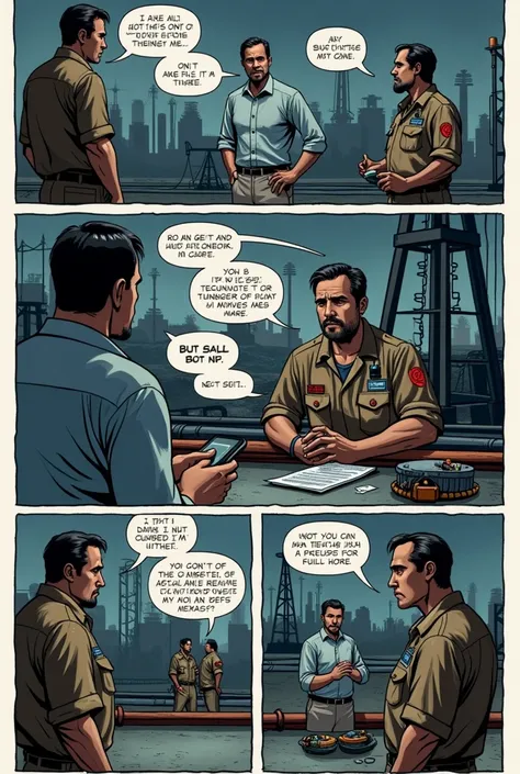 generate comics template  about boss and technician talking about corrosion with oil and gas background more