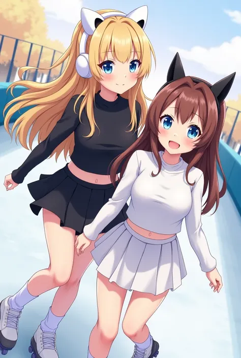 Anime girl who is  and blonde has long and blue eyes .  She is wearing a black long-sleeved tight crop top and a short black skirt.  She has white ears warmer with cat ears on.  She is skating right now and still has long white socks under her shoes . You ...