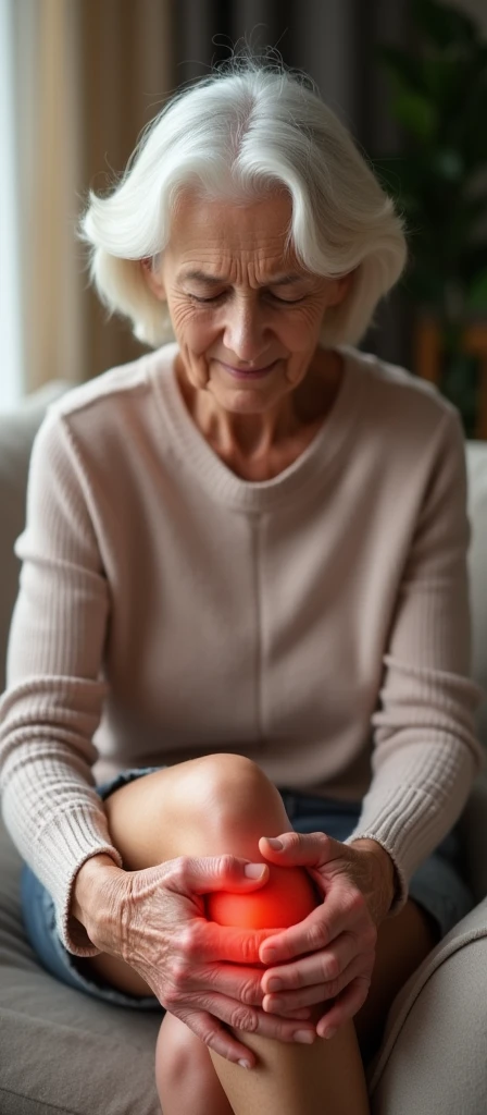 "Create an image of a woman feeling joint pain. She should appear older, with visible signs of aging such as wrinkles, and wearing light makeup. Show her gently massaging her knee or another joint while seated in a comfortable setting that suggests warmth ...