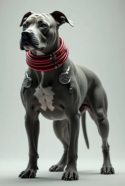 A gray pitbull with a red collar, half robot. full body