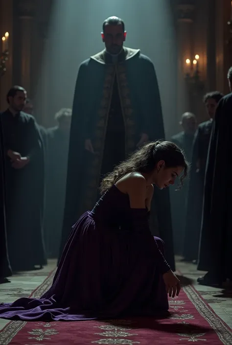 Juana kneeling in anguish, dressed in a deep purple gown with disheveled hair, early 16th century, in a dimly lit throne room with her father Fernando standing sternly in the background, the background shows shadowy courtiers whispering, dramatic low-angle...