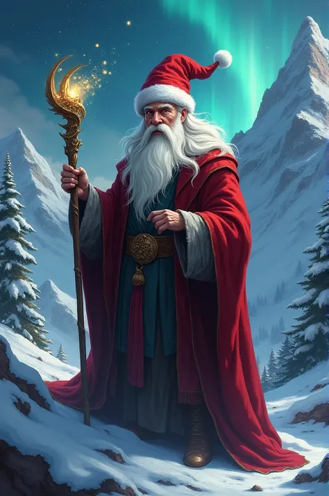 An old wizard wearing Santas hat 