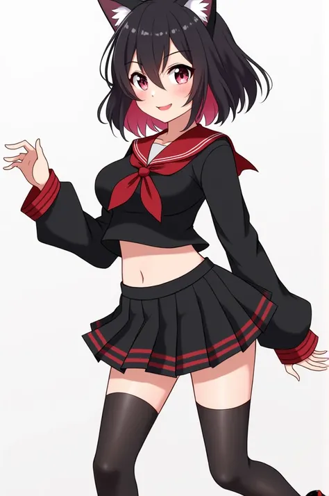 Create an anime girl with shoulder length half black and half Cardinal red fluffy hair done in a wolf cut and vent bangs. she has one black eye and one cardinal red eye. she has cream skin and an hourglass, curvy body. she wore a black and cardinal red lon...