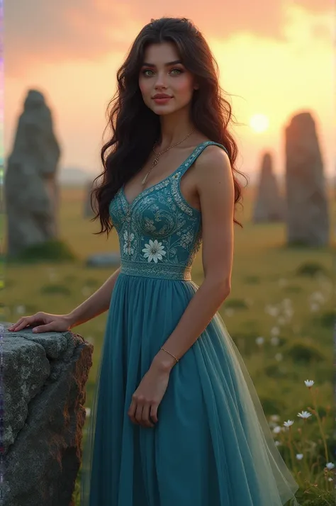  A young woman , Lyra, about 1 ,80 m, long wavy black hair,  with blue reflections .  Clear and luminous skin ,  with a light tan .  The eyes are green ,  vivid and penetrating ,  like emeralds under sunlight .  She has an athletic body ,  proportionate , ...