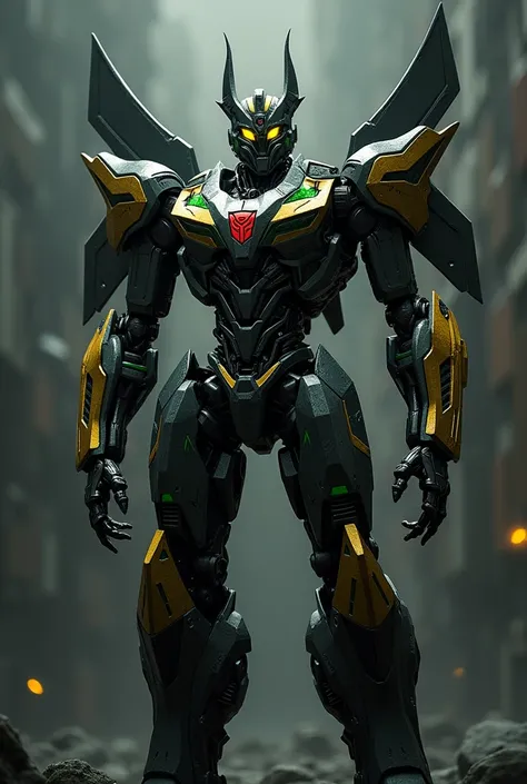 A edgy dark gray, gold and black colored robot transformers complex design without mouth and with two glowing yellow hunter eyes and green line lights on his chestplate and shoulders, his head is like soundwave but more edgy and has four horns, has four la...