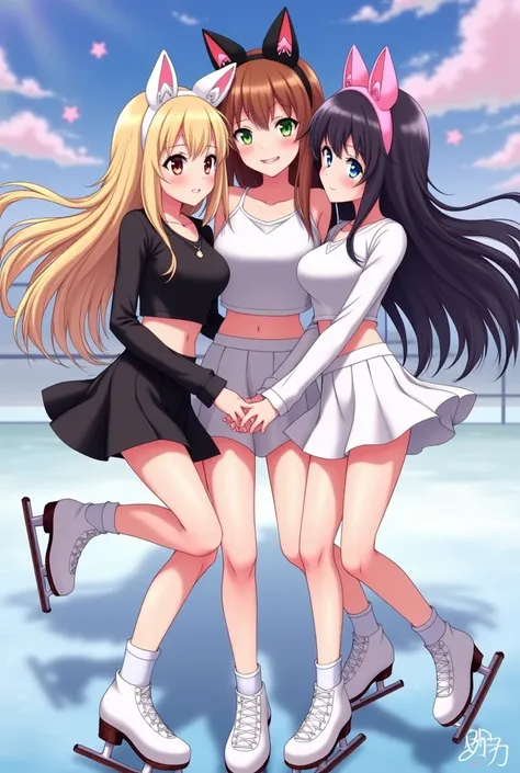  anime girl who is  and has long blonde eyes .  She is wearing a black long-sleeved tight crop top and a short black skirt.  She has white ears warmer with cat ears on.  She is skating right now and still has long white socks under her shoes . You can see ...