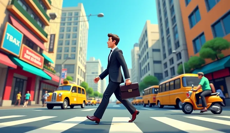 3d cartoon of a man in black suit holding executive bag walks crossing the street in Bangkok downtown at day time.