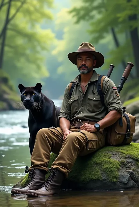 brown cargo pants, brown boots,  sitting on a Cartier bag , wearing a hat,  sitting on a green rock , on the banks of a clear river , holding a roko ,  facing the audience accompanied by a black panther,  against the background of a lush green forest,  in ...