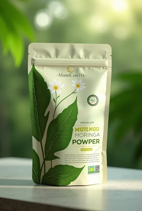 create an printed food item  zip pouche for moringa powder 