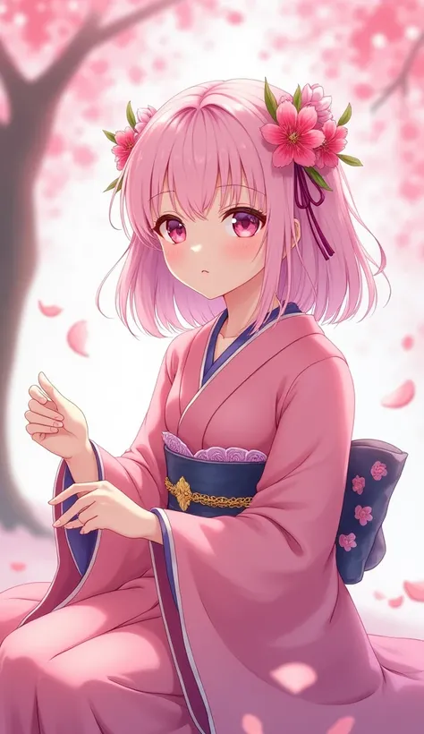    Petal Rain  ,  Japanese princess cherry blossom,｛{{  large amount of petals  :1.8}}}, woman sitting ,  Under cherry blossom   ,japanese clothes, pink kimono．｛{{  large amount of petals  :1.8}}}, {{    masterpiece  }}, {{{  higher quality  }}},{{  very d...