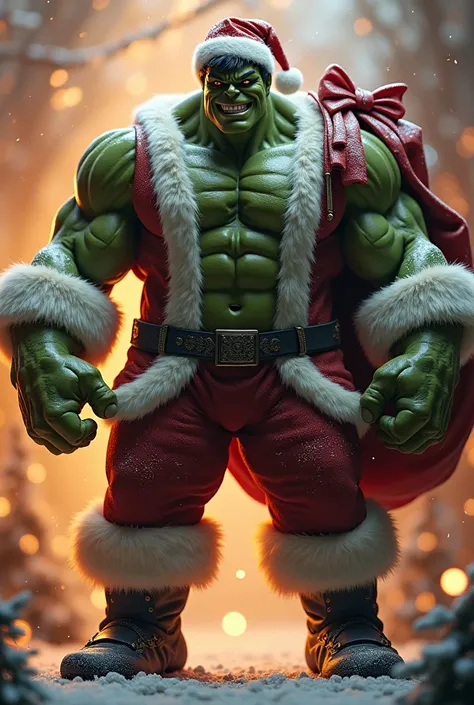 a hulk dressed as santa claus, santa hulk, muscular green santa, santa claus outfit on hulk, holiday hulk, christmas hulk, santa hulk with big muscles, jolly green giant santa, hulk in santa costume, hulk wearing santa hat and suit, hulk as santa, santa hu...