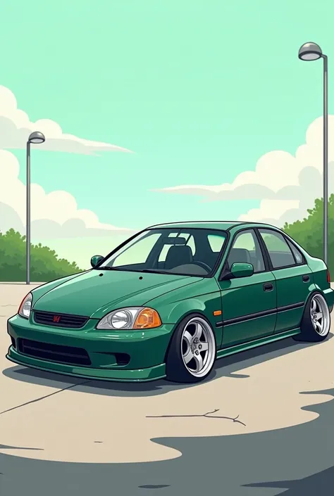 Cartoon tuning animation of Honda Civic 99 sedan dark green with large silver 5-blade wheels